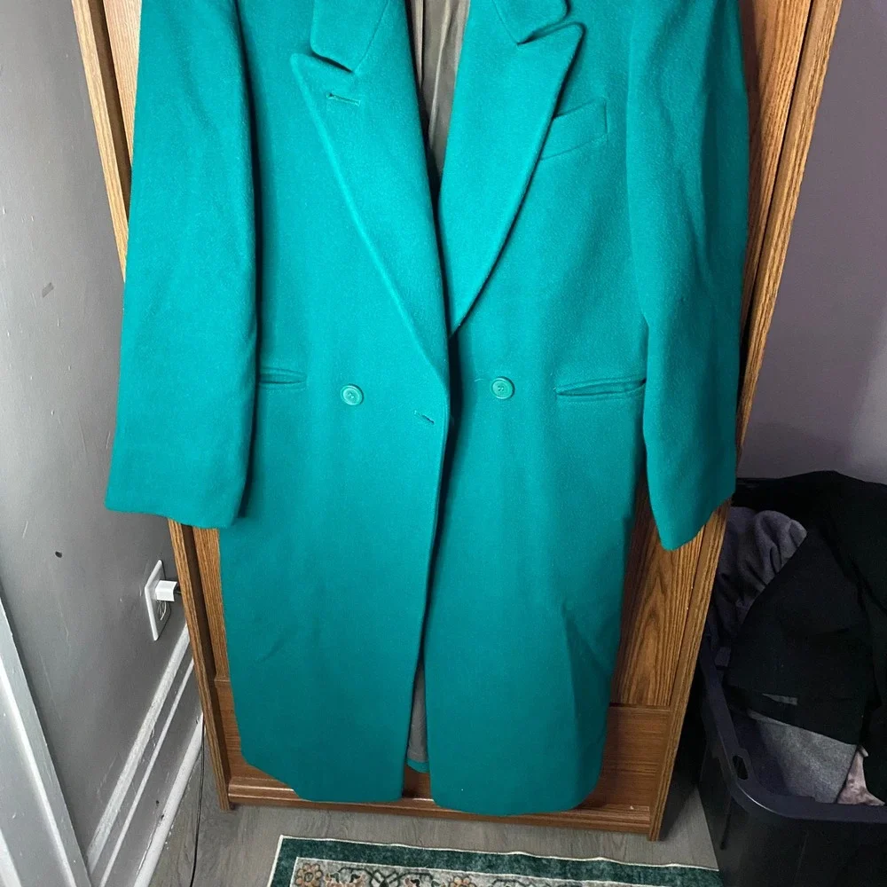 Glenbrooke Long Trench‎ Coat Women Large Teal Wool Double Breasted Vintage